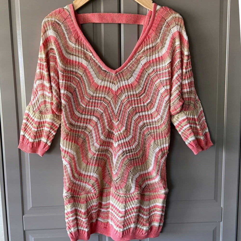 Cache Vintage Women's Abstract Chevron Stripe Open Back Knit Sweater,Pink Gold,S